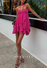 Chic Halter A Line Sweetheart Pink Short Party Dress with Ruffles