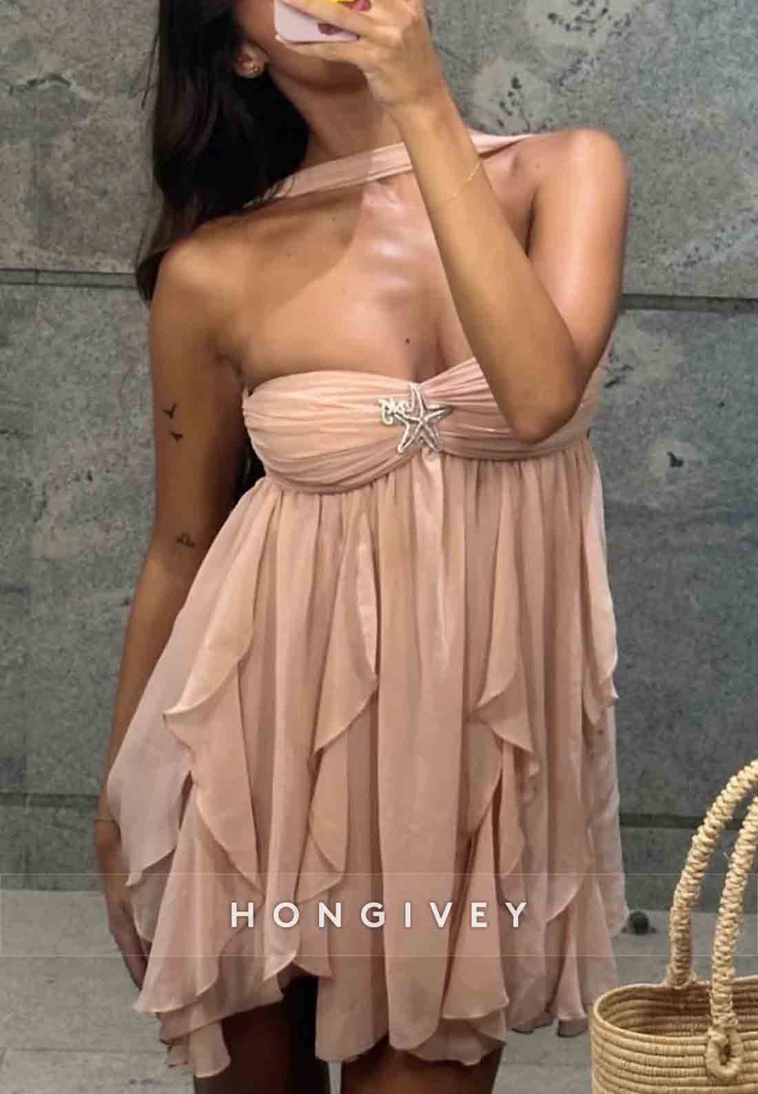 Chic Halter A Line Sweetheart Pink Short Party Dress with Ruffles