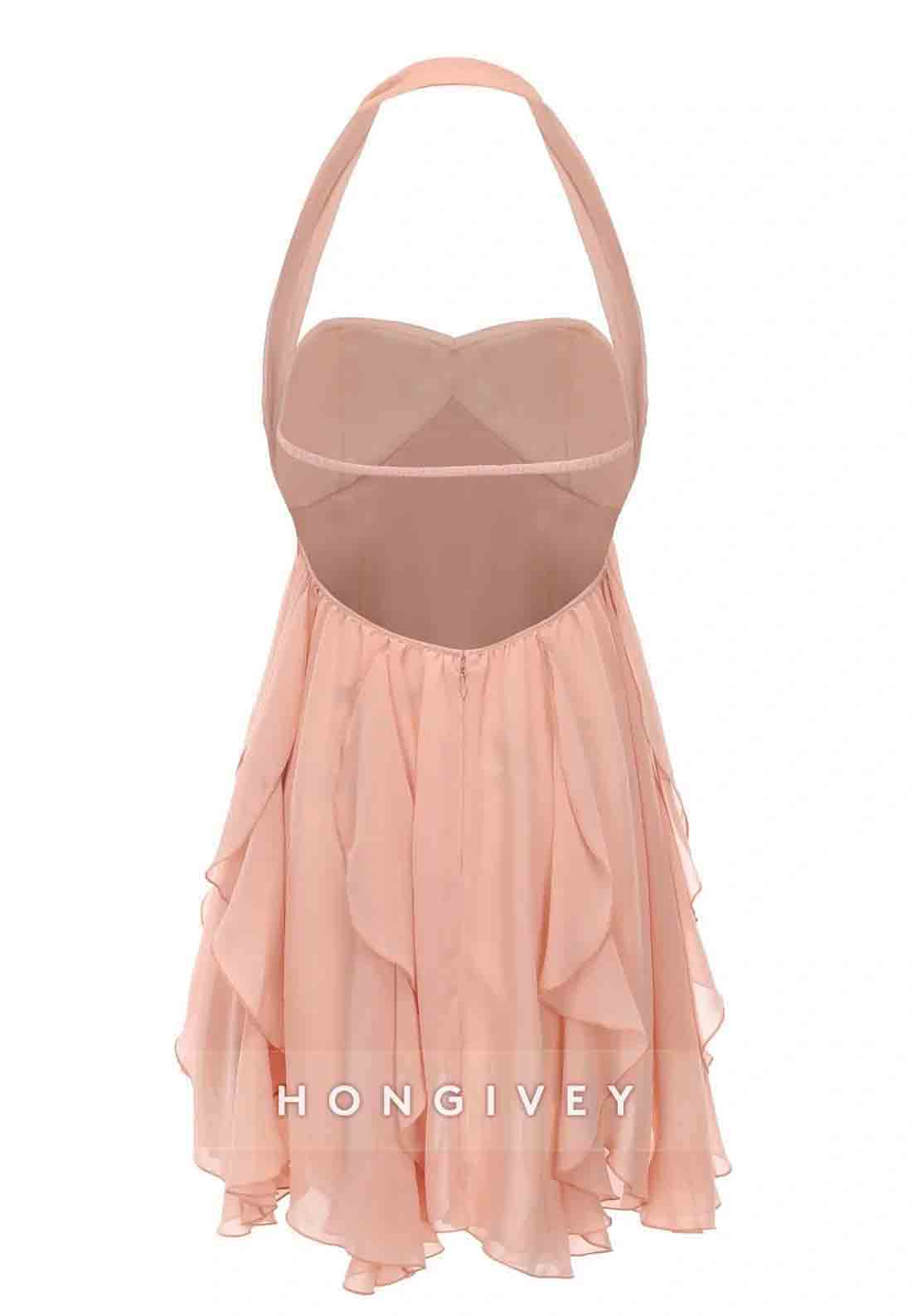 Chic Halter A Line Sweetheart Pink Short Party Dress with Ruffles