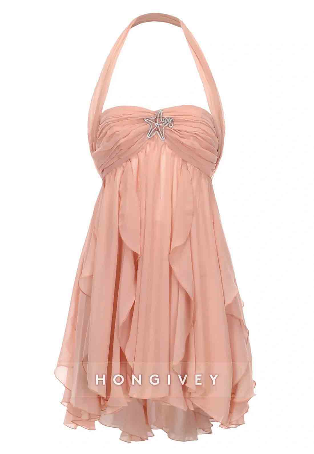 Chic Halter A Line Sweetheart Pink Short Party Dress with Ruffles