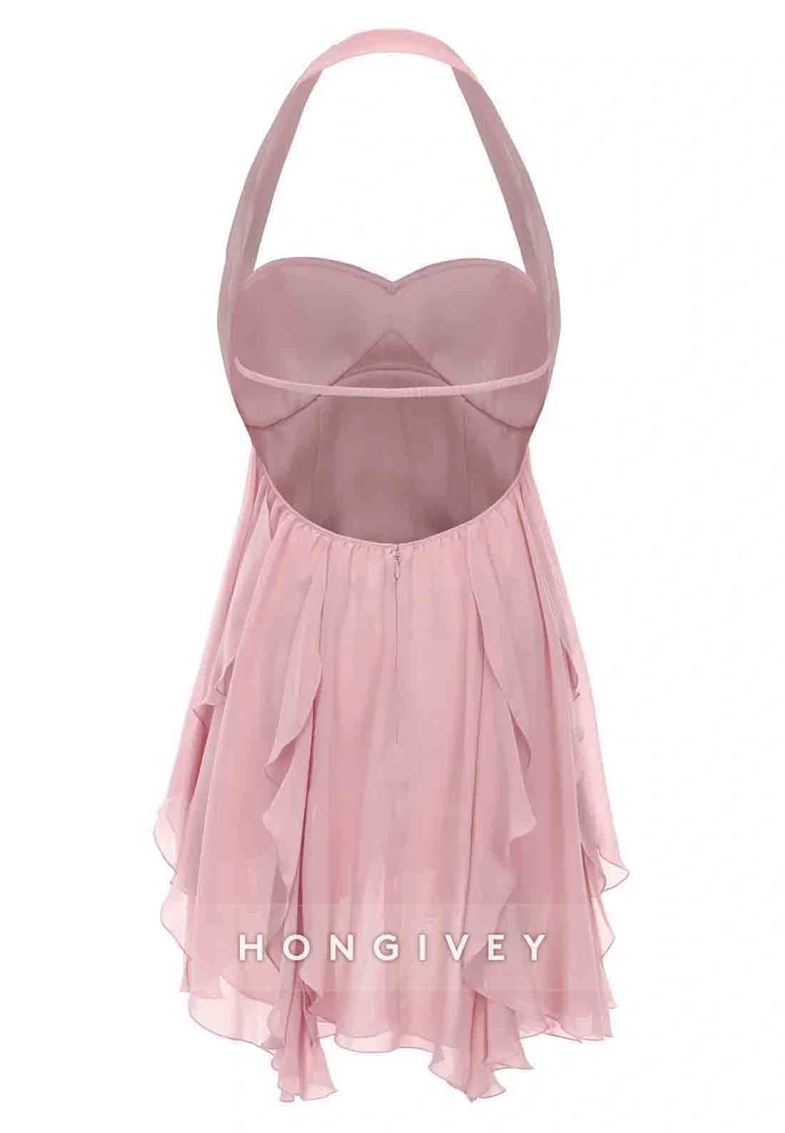 Chic Halter A Line Sweetheart Pink Short Party Dress with Ruffles