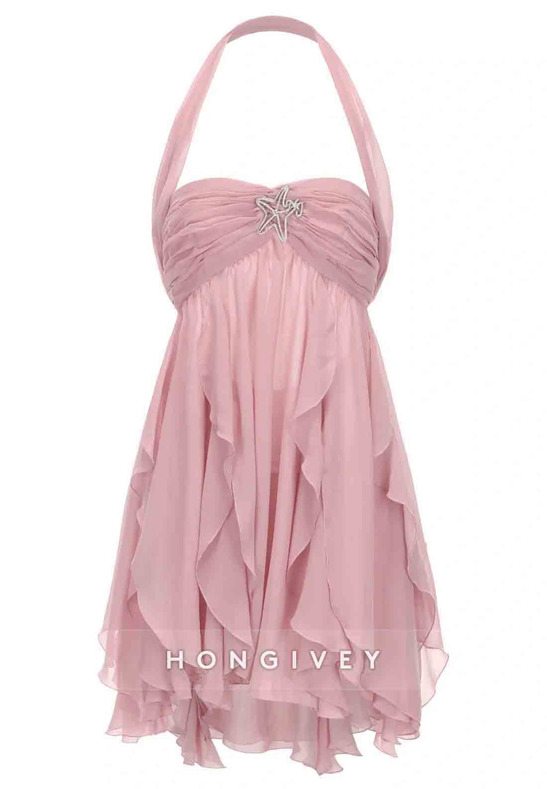 Chic Halter A Line Sweetheart Pink Short Party Dress with Ruffles