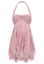 Chic Halter A Line Sweetheart Pink Short Party Dress with Ruffles