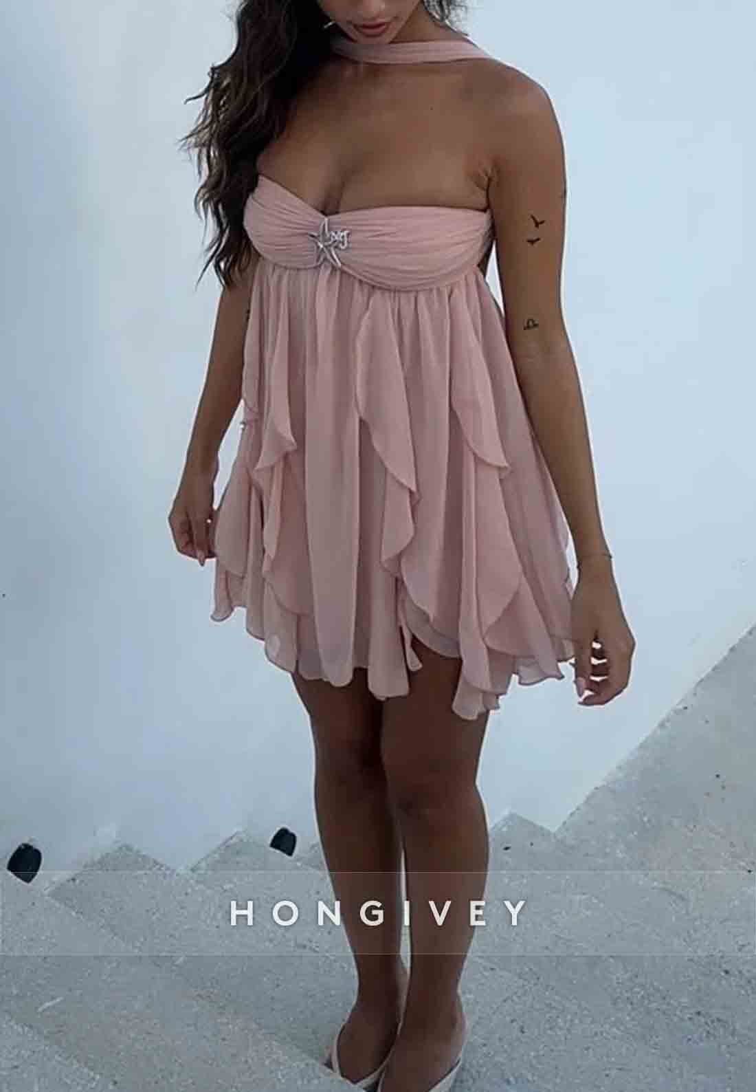 Chic Halter A Line Sweetheart Pink Short Party Dress with Ruffles