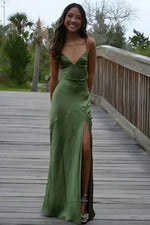 Simple Sheath Spaghetti Straps Green Long Party Dress with Split Front