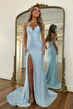 Chic Mermaid Halter Neck Blue Corset Prom Dress with Pearls Split Front