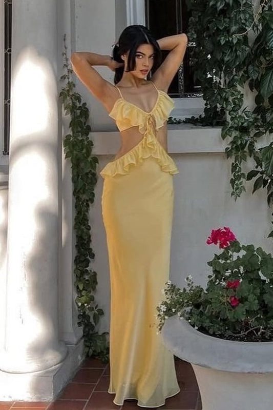Chic Mermaid Spaghetti Straps Yellow Long Prom Dress with Ruffles