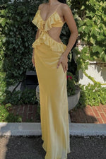 Chic Mermaid Spaghetti Straps Yellow Long Prom Dress with Ruffles