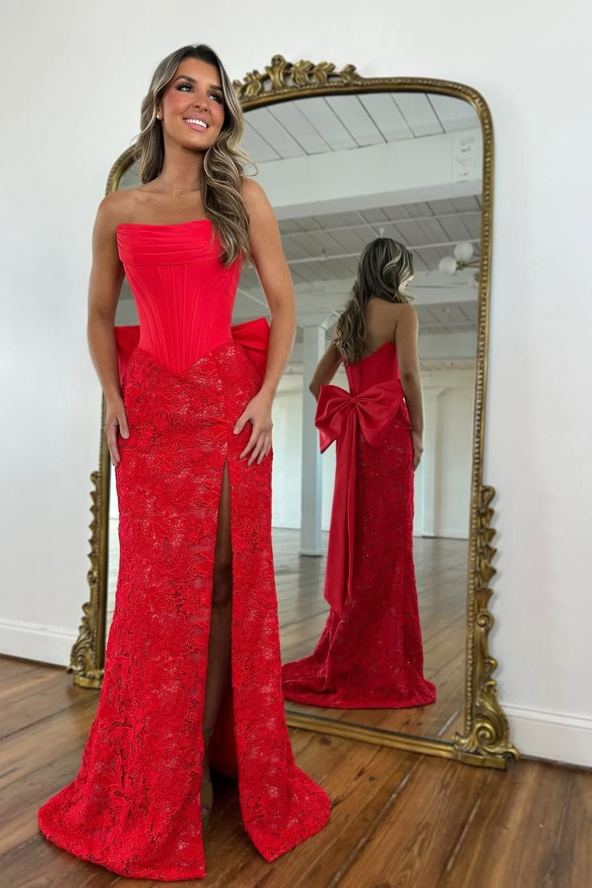 Chic Mermaid Strapless Red Corset Prom Dress with Lace Bowknot