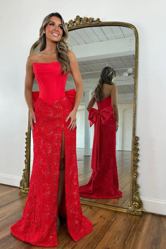 Chic Mermaid Strapless Red Corset Prom Dress with Lace Bowknot