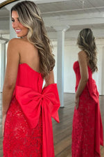 Chic Mermaid Strapless Red Corset Prom Dress with Lace Bowknot