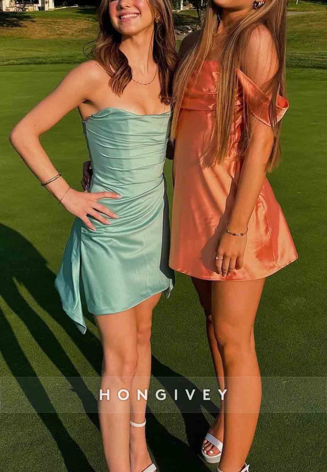 Chic Off the Shoulder Coral Pink Bodycon Satin Mini Homecoming Dress