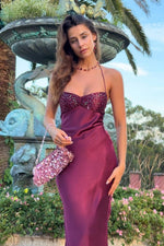 Chic Satin Halter Neck Lace Up Long Prom Party Dress with Sequin
