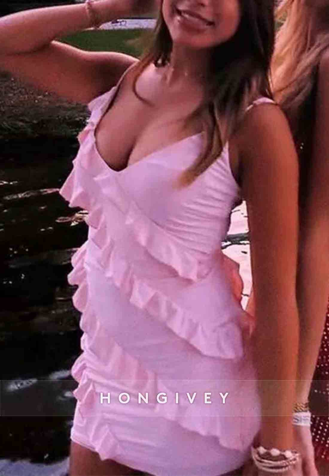 Chic Sheath Spaghetti Straps Pink Short Homecoming Dress with Ruffles