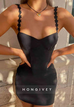 Chic Sheath Spaghetti Straps Shoulder Flower Satin Short Homecoming Dress