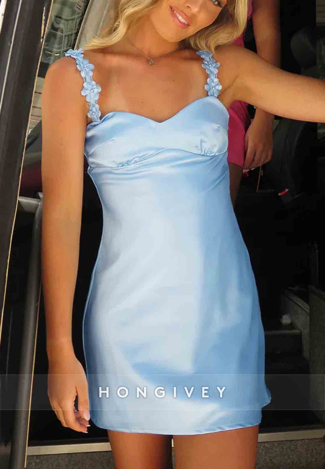 Chic Sheath Spaghetti Straps Shoulder Flower Satin Short Homecoming Dress