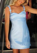 Chic Sheath Spaghetti Straps Shoulder Flower Satin Short Homecoming Dress