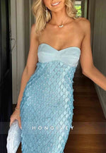 Chic Sheath Sweetheart Strapless Blue Long Prom Dress with Sequins
