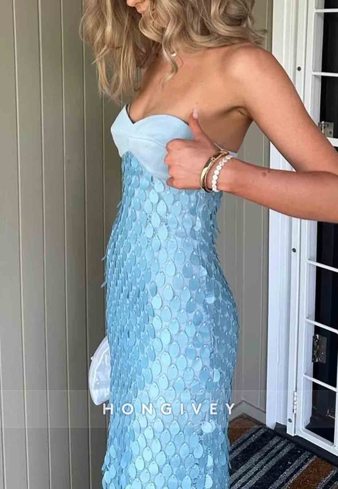 Chic Sheath Sweetheart Strapless Blue Long Prom Dress with Sequins