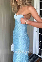 Chic Sheath Sweetheart Strapless Blue Long Prom Dress with Sequins