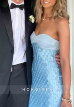 Chic Sheath Sweetheart Strapless Blue Long Prom Dress with Sequins