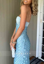 Chic Sheath Sweetheart Strapless Blue Long Prom Dress with Sequins
