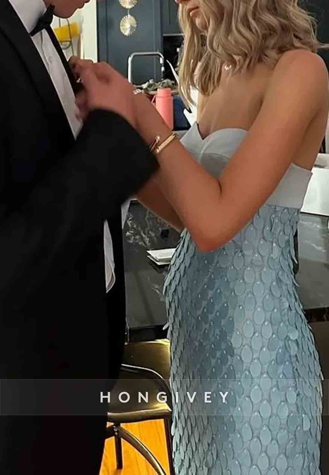 Chic Sheath Sweetheart Strapless Blue Long Prom Dress with Sequins