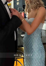 Chic Sheath Sweetheart Strapless Blue Long Prom Dress with Sequins