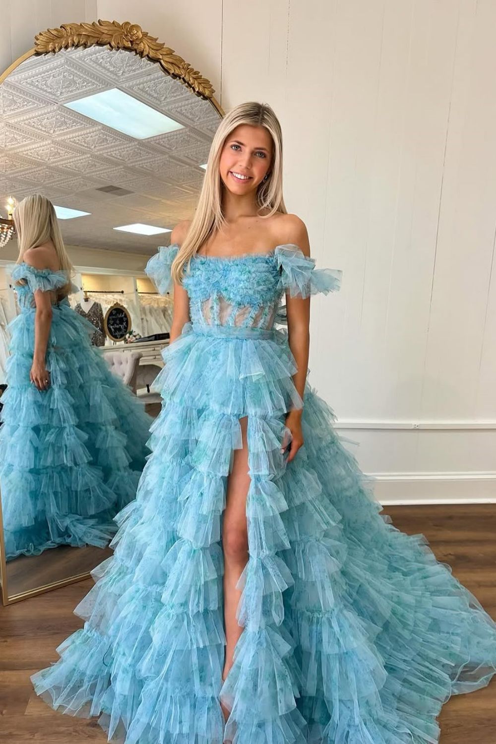 Chic A-Line Off The Shoulder Long Tiered Tulle Prom Dress with High Slit