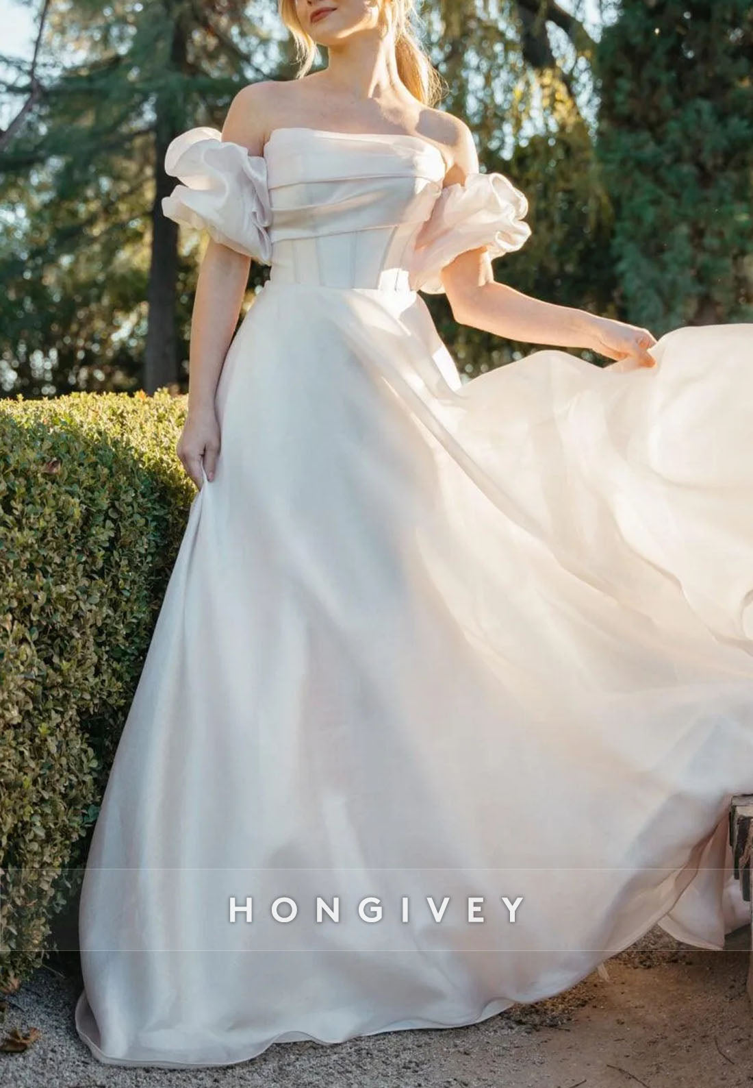 Off the Shoulder A-Line Court Train Wedding Dresses with Covered Button