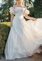 Off the Shoulder A-Line Court Train Wedding Dresses with Covered Button
