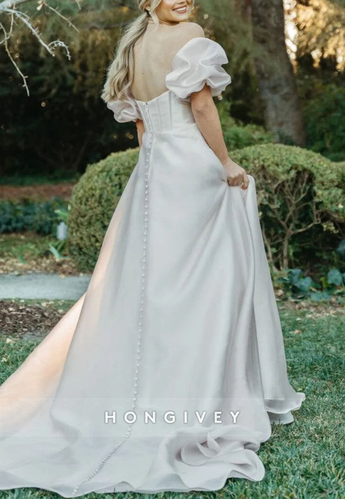 Off the Shoulder A-Line Court Train Wedding Dresses with Covered Button