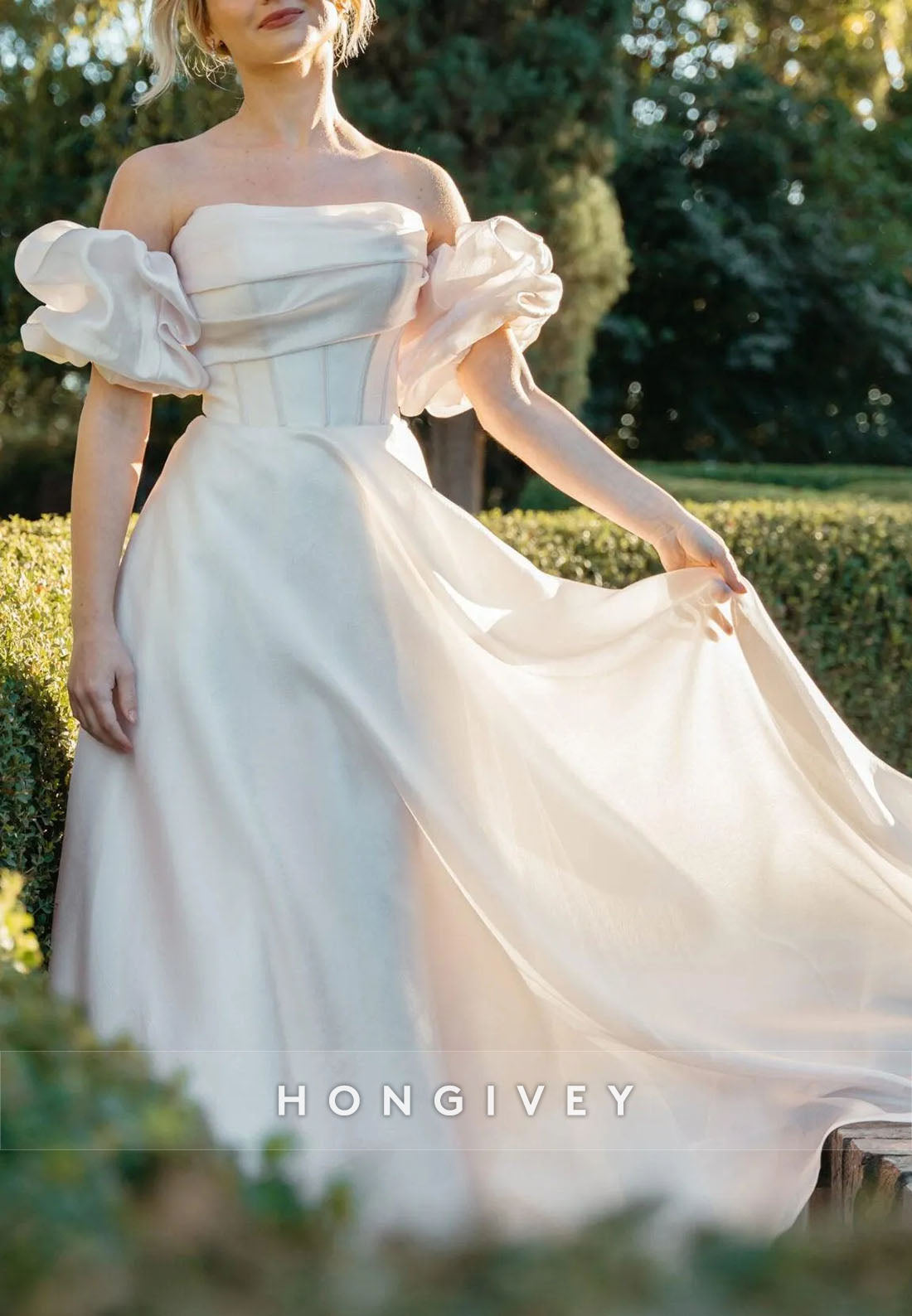 Off the Shoulder A-Line Court Train Wedding Dresses with Covered Button
