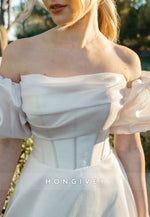 Off the Shoulder A-Line Court Train Wedding Dresses with Covered Button