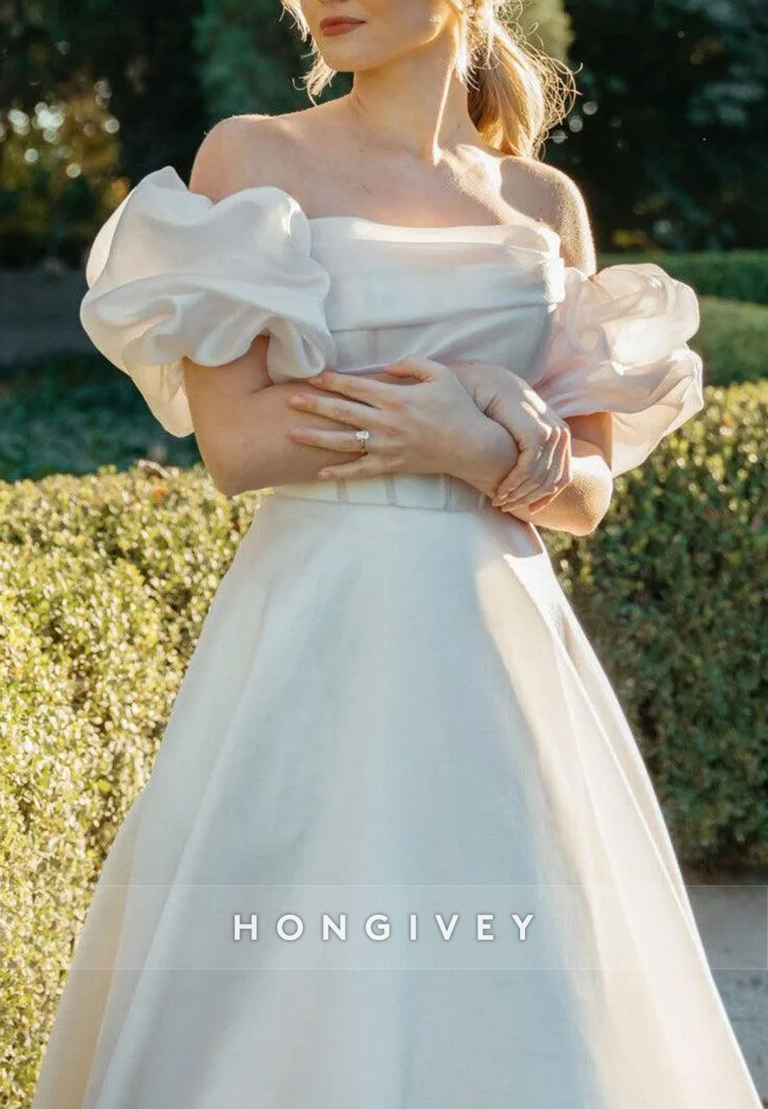 Off the Shoulder A-Line Court Train Wedding Dresses with Covered Button