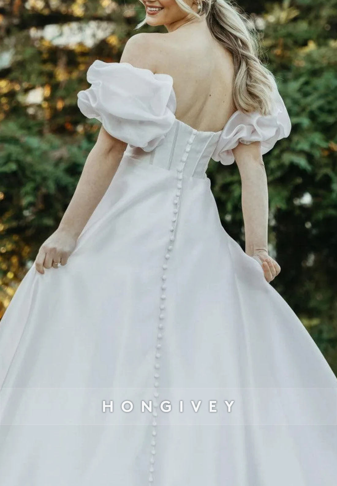 Off the Shoulder A-Line Court Train Wedding Dresses with Covered Button