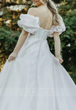 Off the Shoulder A-Line Court Train Wedding Dresses with Covered Button