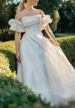 Off the Shoulder A-Line Court Train Wedding Dresses with Covered Button