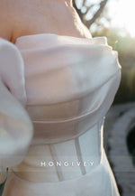 Off the Shoulder A-Line Court Train Wedding Dresses with Covered Button