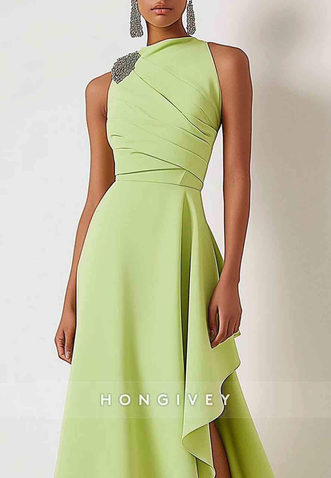 Knee-Length Sleeveless Wedding Guest Party Dress Sage Green Cocktail Party Dress