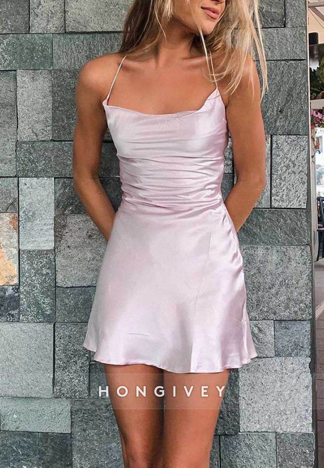 Satin Party Dress Blush Pleated Tie Back Spaghetti Straps Mini Homecoming Dress