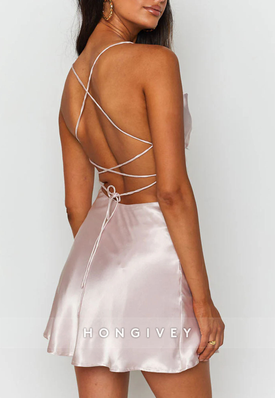 Satin Party Dress Blush Pleated Tie Back Spaghetti Straps Mini Homecoming Dress