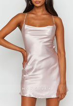 Satin Party Dress Blush Pleated Tie Back Spaghetti Straps Mini Homecoming Dress