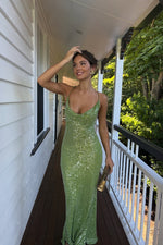 Cowl Neck Green Backless Sequin Prom Dress