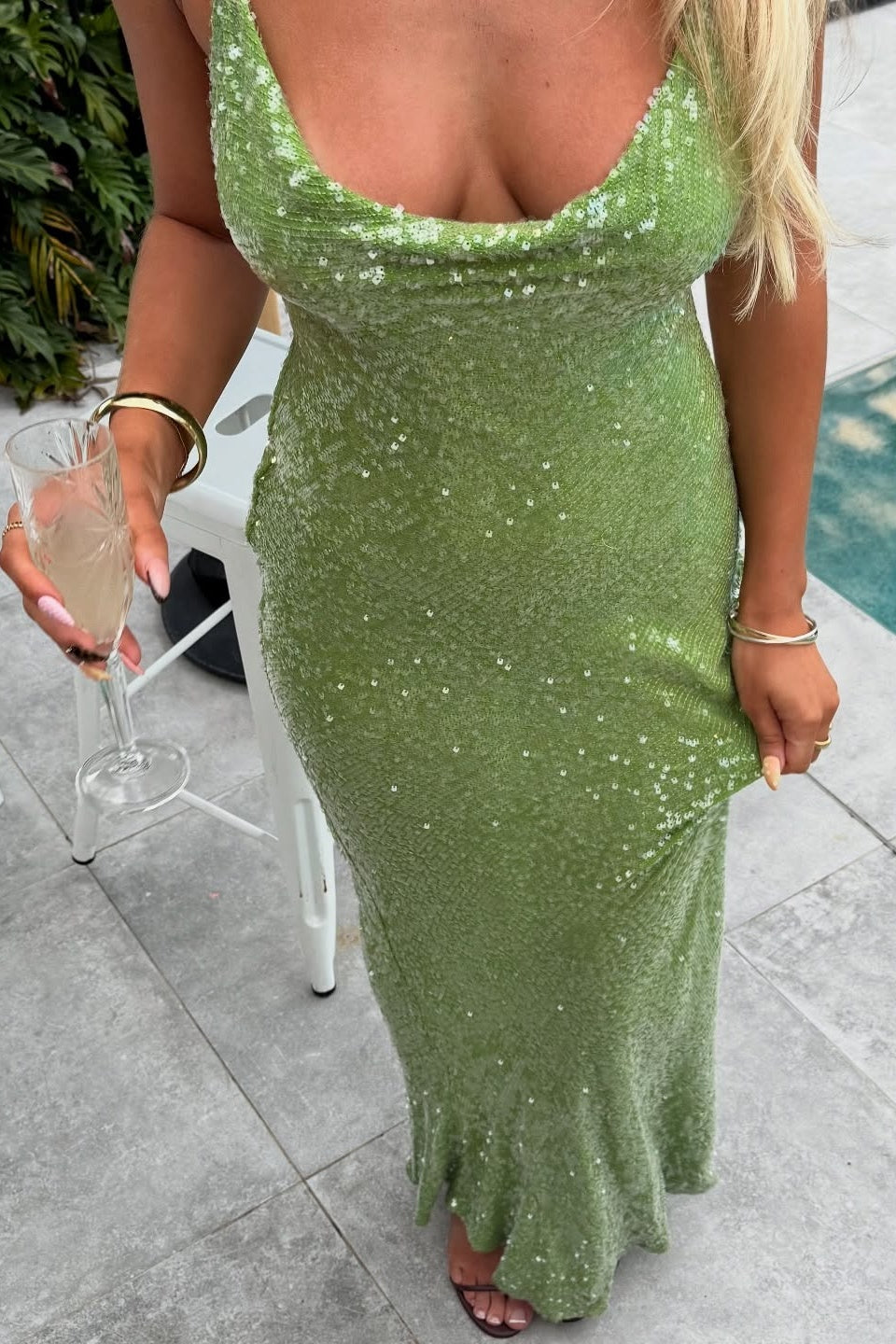 Cowl Neck Green Backless Sequin Prom Dress