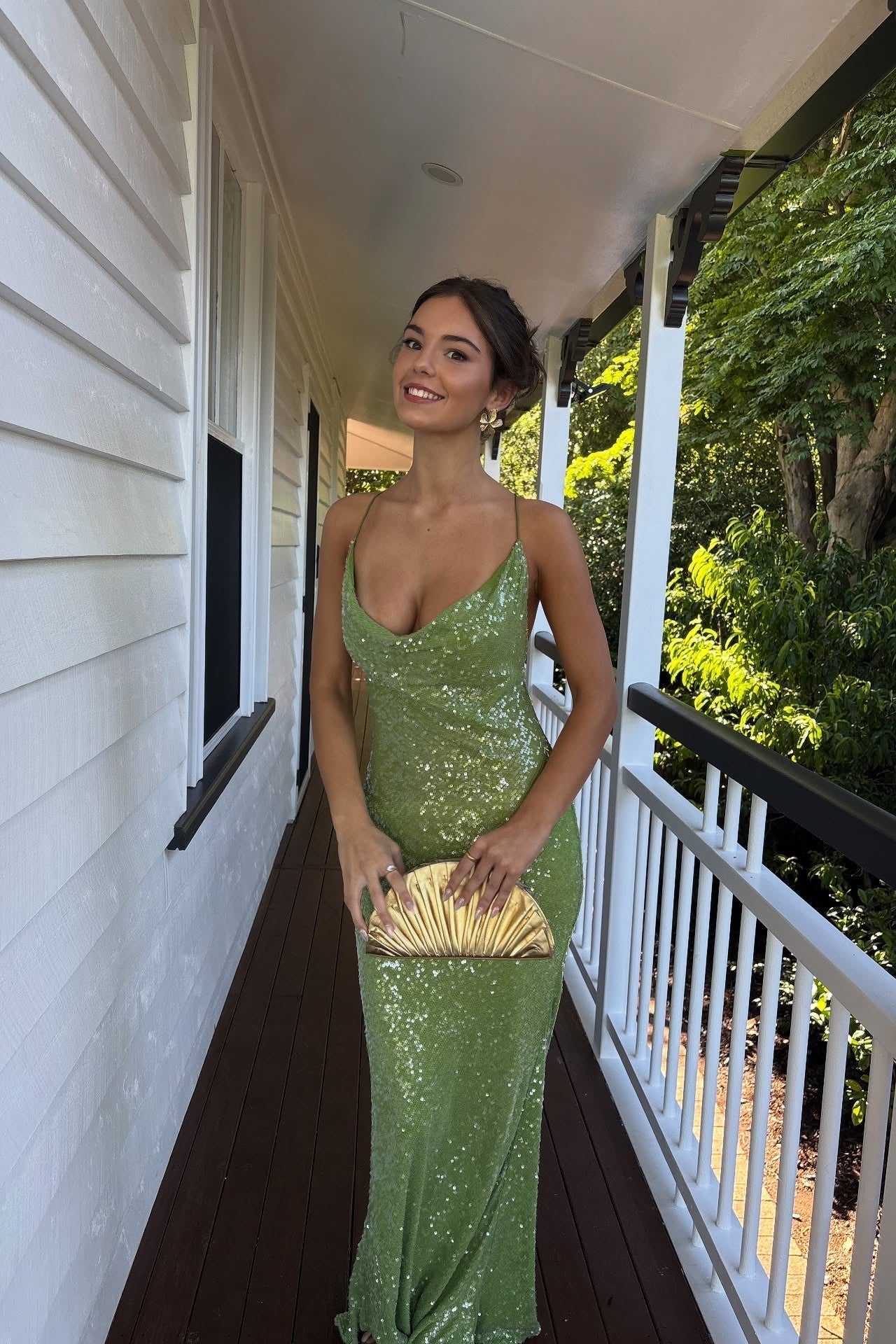 Cowl Neck Green Backless Sequin Prom Dress