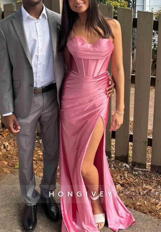 Cowl Neck Rose Spaghetti Straps Ruched Mermaid Long Prom Dress with Slit