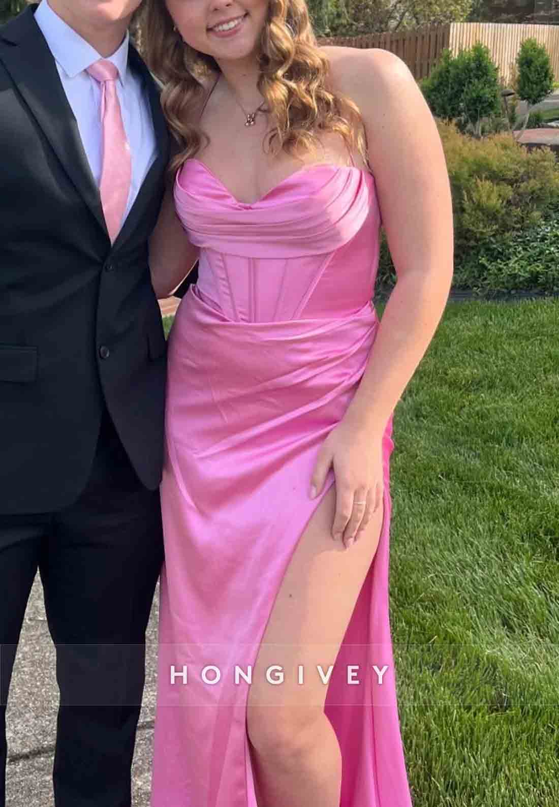 Cowl Neck Rose Spaghetti Straps Ruched Mermaid Long Prom Dress with Slit