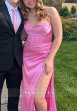 Cowl Neck Rose Spaghetti Straps Ruched Mermaid Long Prom Dress with Slit