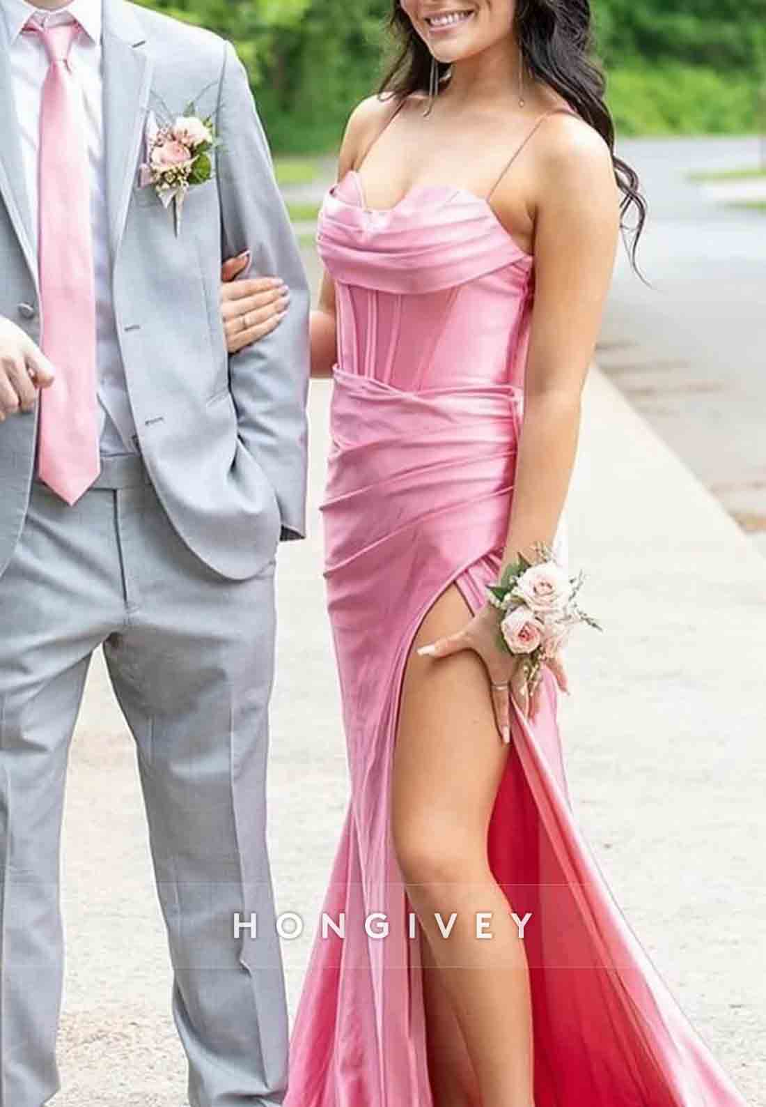 Cowl Neck Rose Spaghetti Straps Ruched Mermaid Long Prom Dress with Slit